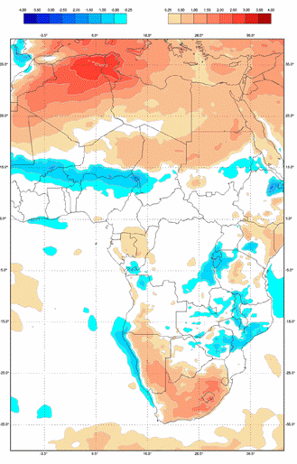 Figure 15 Seasonal temperature T2m anomalies in Africa, valid for September 2022 – estimated deviation (anomaly) of the mean from model climate in degrees Celsius, based on the GWIS..gif