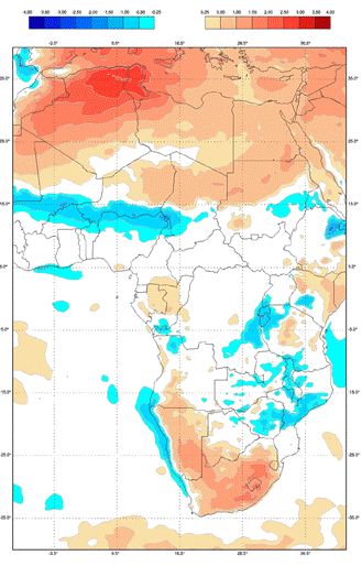 Figure 15 Seasonal temperature T2m anomalies in Africa, valid for September 2022 – estimated deviation (anomaly) of the mean from model climate in degrees Celsius, based on the GWIS..gif