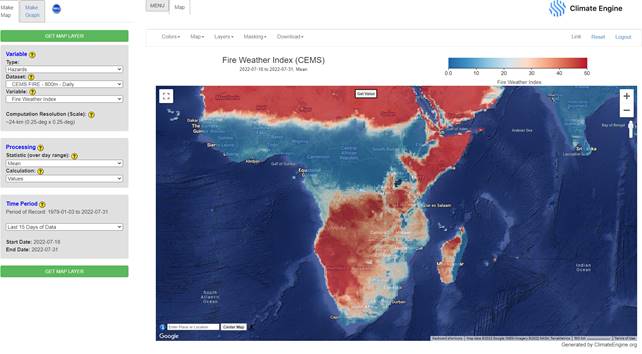 Figure 18 FWI using CEMS FIRE for Africa, 18 – 31 July 2022 (mean values), based on the Climate Engine..jpg