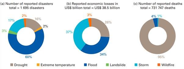 Figure 2: Overview of (a) weather-, climate- and water-related disasters; (b) economic losses; and (c) deaths reported in Africa, 1970–2019, [10].